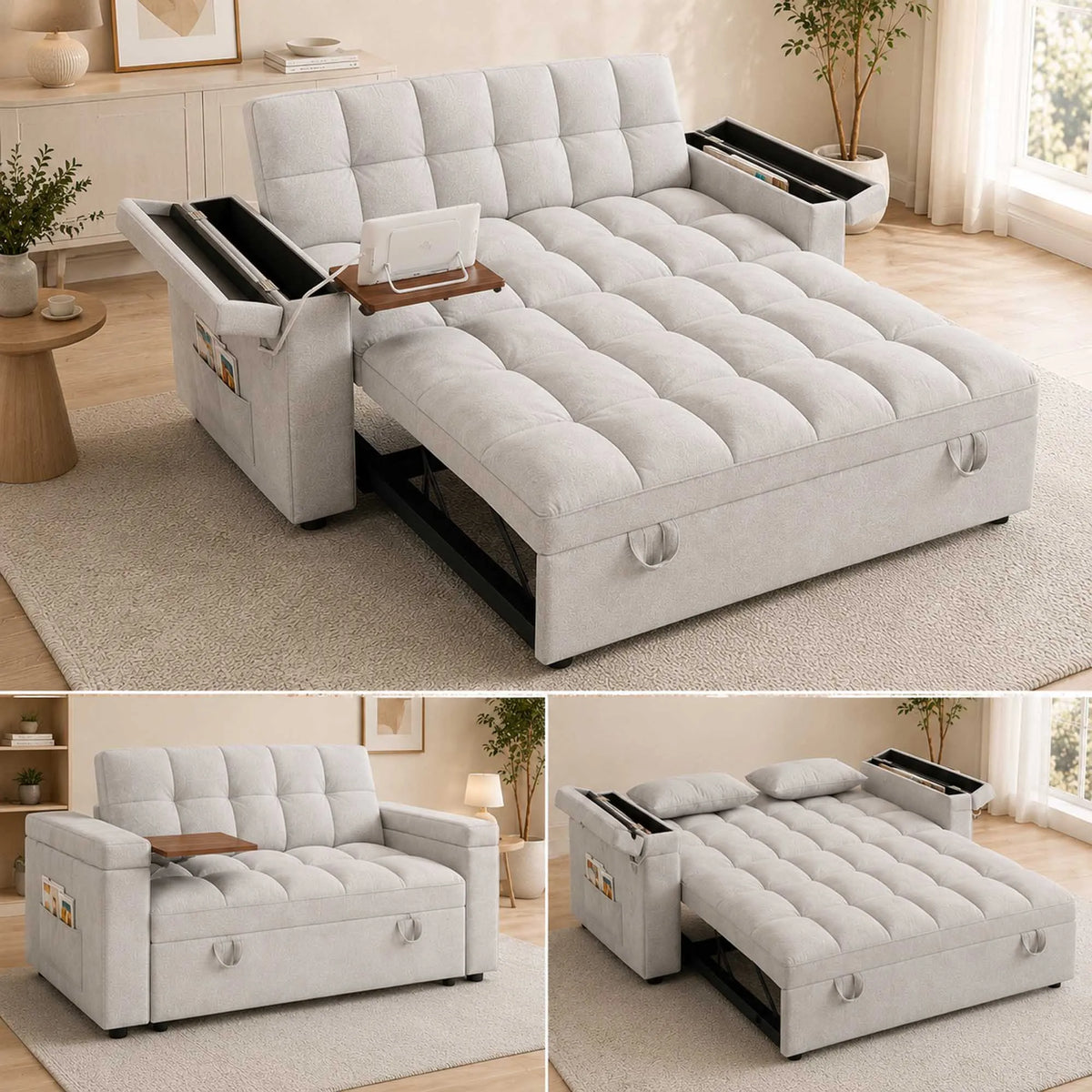Adjustable Foldable Velvet Sofa Bed With Usb Charging And Storage