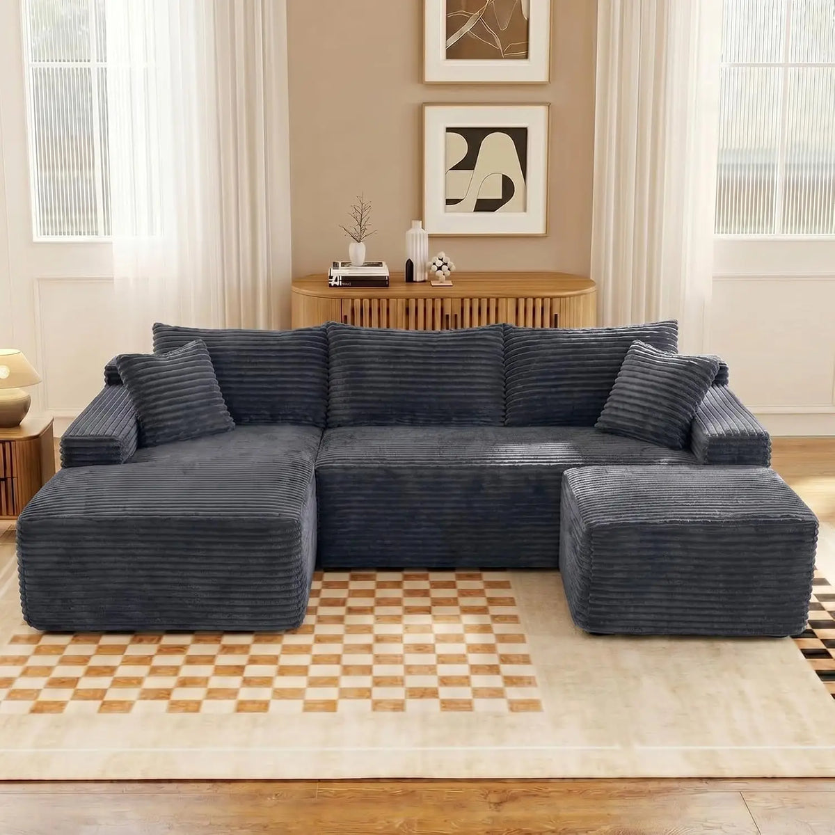U-Shaped Modular Sectional Sofa With Deep Seat Ottoman Corduroy Fabric