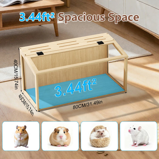 Wooden Hamster Habitat With Tempered Glass And LED Lighting