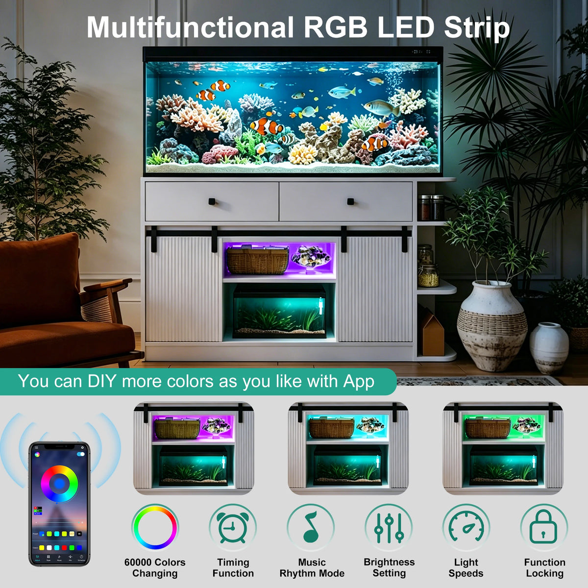 75 Gallon Aquarium Stand with LED Light & Power Outlets, 55-75 Gal Fish Tank Cabinet with Sliding Fluted Doors, 1200 LBS Capacity