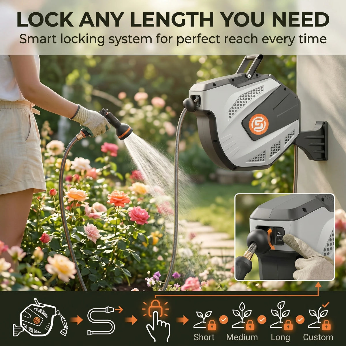 Sunpow Wall Mount Garden Hose Reel With Auto Rewind Nozzle