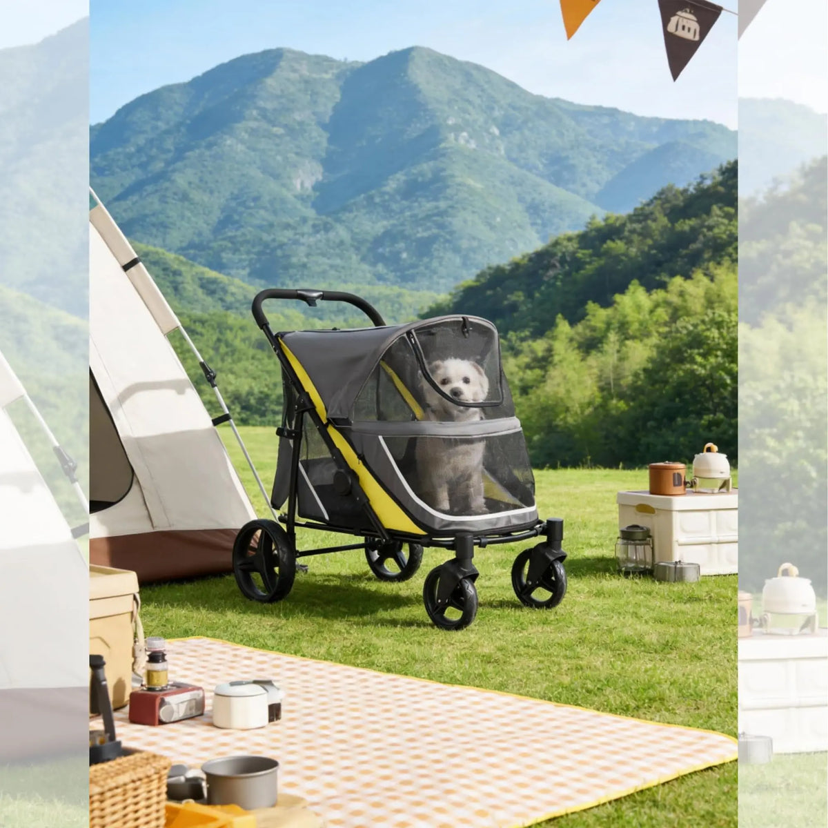 Foldable Pet Stroller With Breathable Mesh Carrier For Outdoor Travel