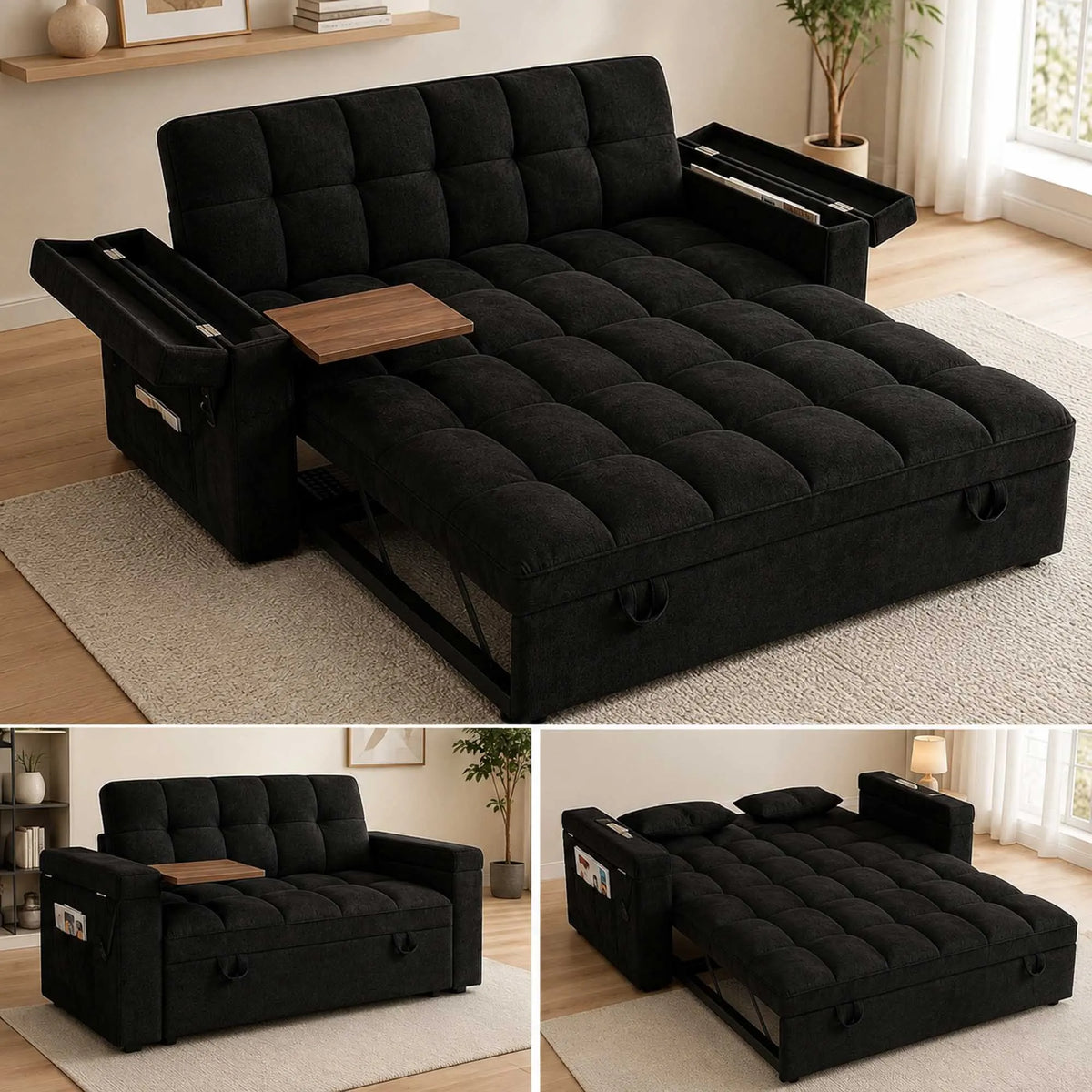 Adjustable Foldable Velvet Sofa Bed With Usb Charging And Storage