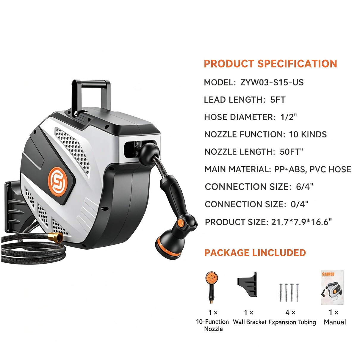Sunpow Wall Mount Garden Hose Reel With Auto Rewind Nozzle