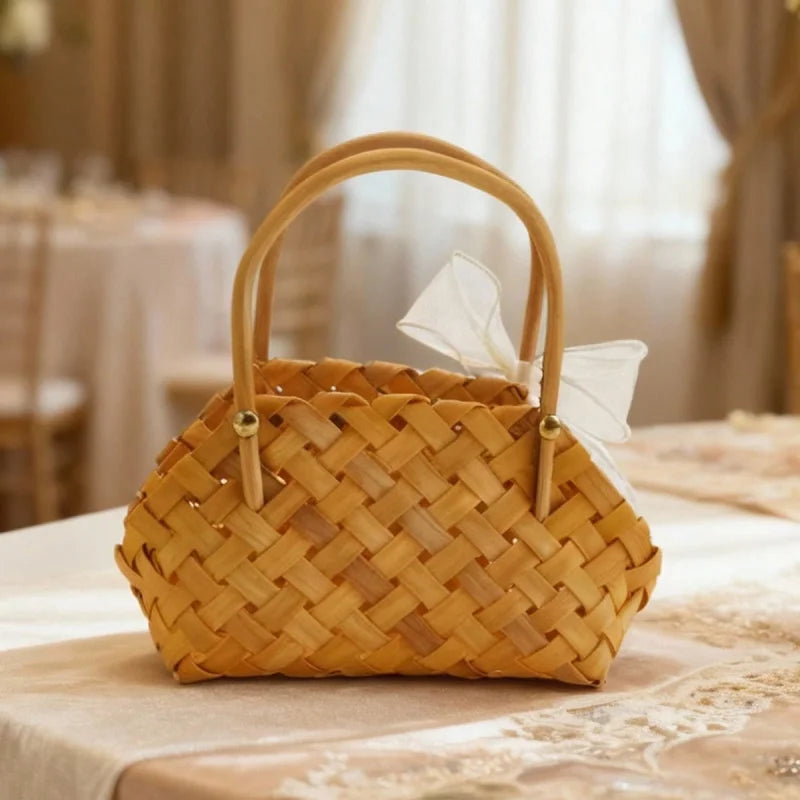 Bamboo Woven Basket With Bow Handles For Dried Floral Arrangements
