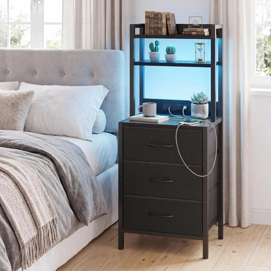 Fixwal 41 Inch Tall Nightstand with Charging Station for Dorm, Black