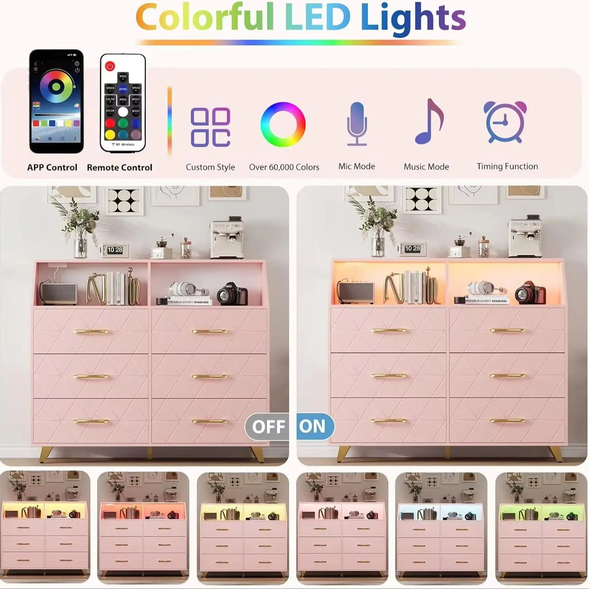 Six Drawer Wooden Dresser With Integrated Led Charging Station