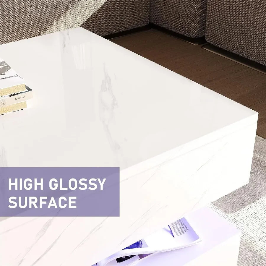 Modern Gloss LED Center Table With Two Tier Storage Drawers
