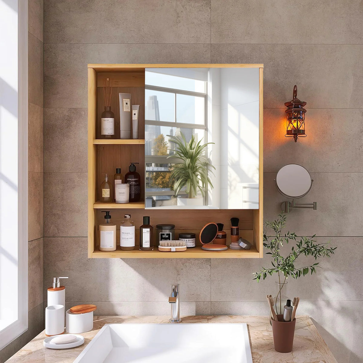 Bamboo Wall Mounted Medicine Cabinet With Mirror And Storage