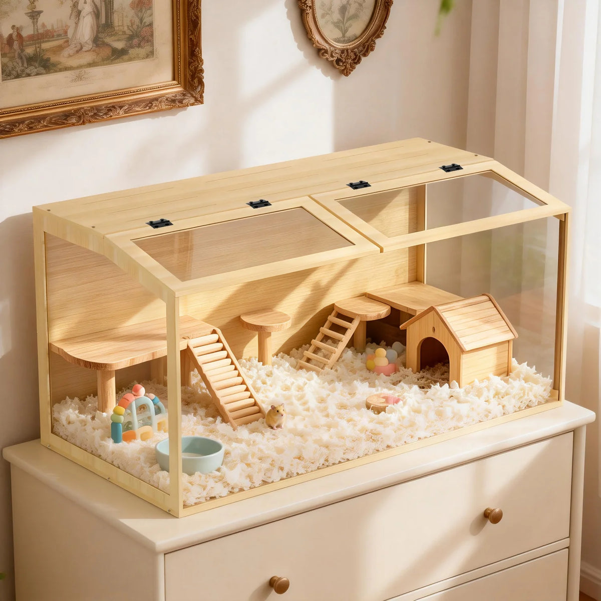 Wooden Hamster Cage Habitat With Openable Top And Glass Panels