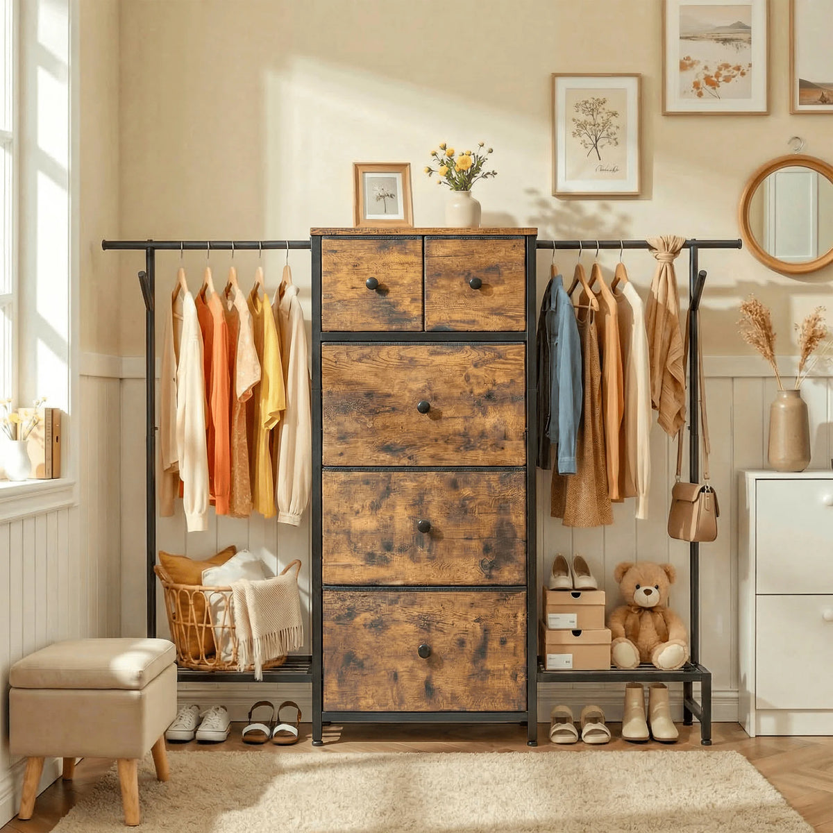 EnHomee 3-In-1 Dresser And Hanging Rack With Five Drawers