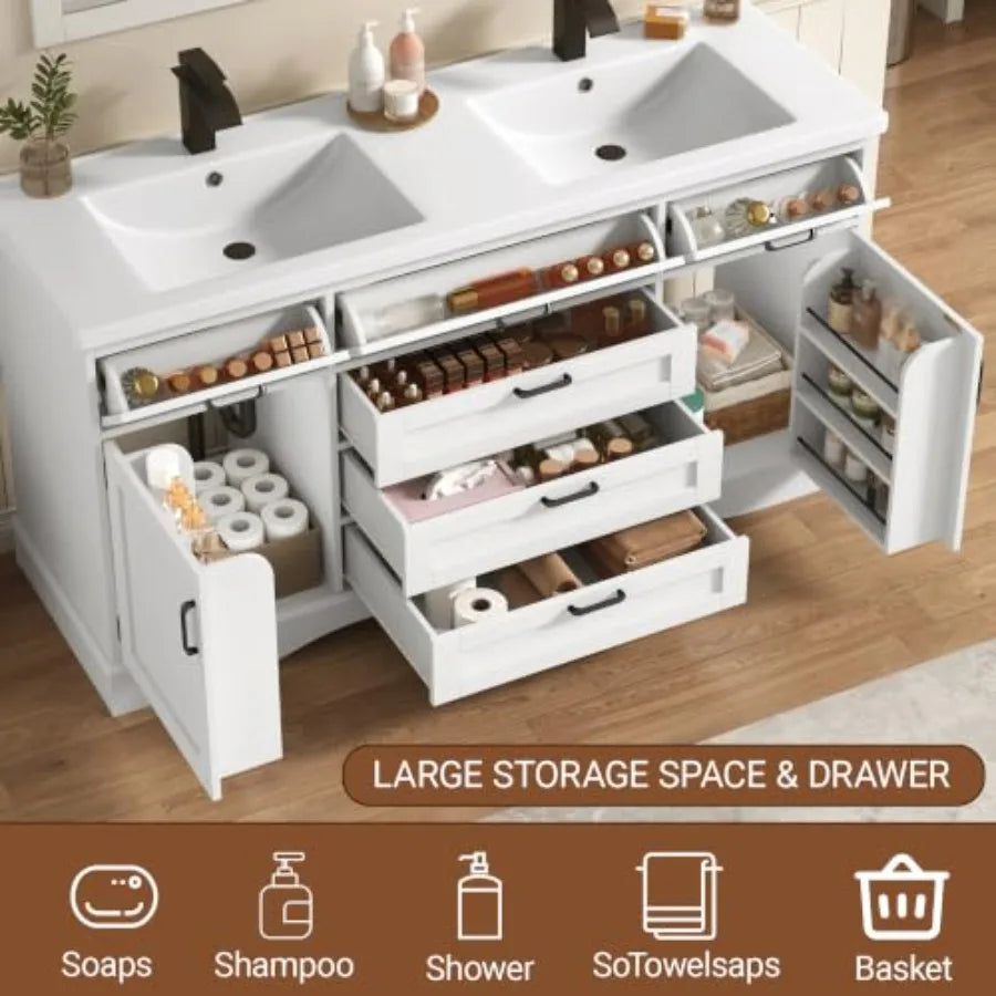 Bathroom vanity cabinet with double sink for modern bathrooms, MDF wood in white finish, featuring 2 storage doors and 3 flip-t