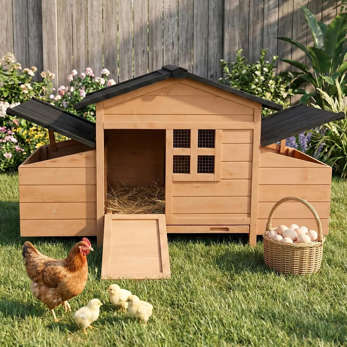 Wooden Chicken Coop With Nesting Boxes And Ventilated Window