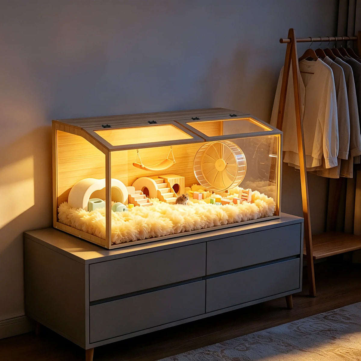Wooden Hamster Cage Habitat With Openable Top And Glass Panels
