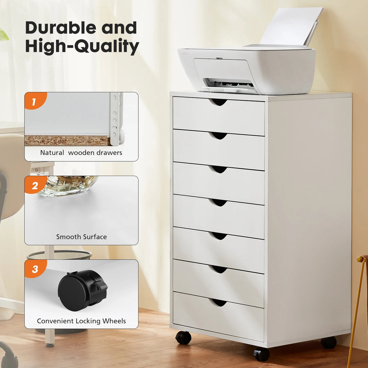 JHK 7 Drawer Wooden Rolling Chest Dresser Nightstand Storage Cabinet