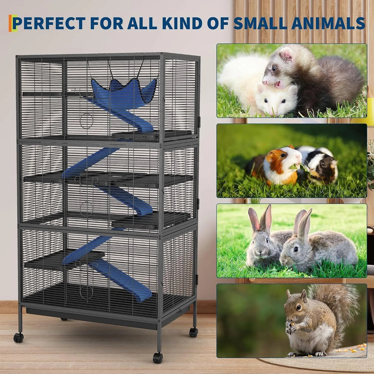 Multi Level Small Animal Cage With Hammock Ramps And Wheels