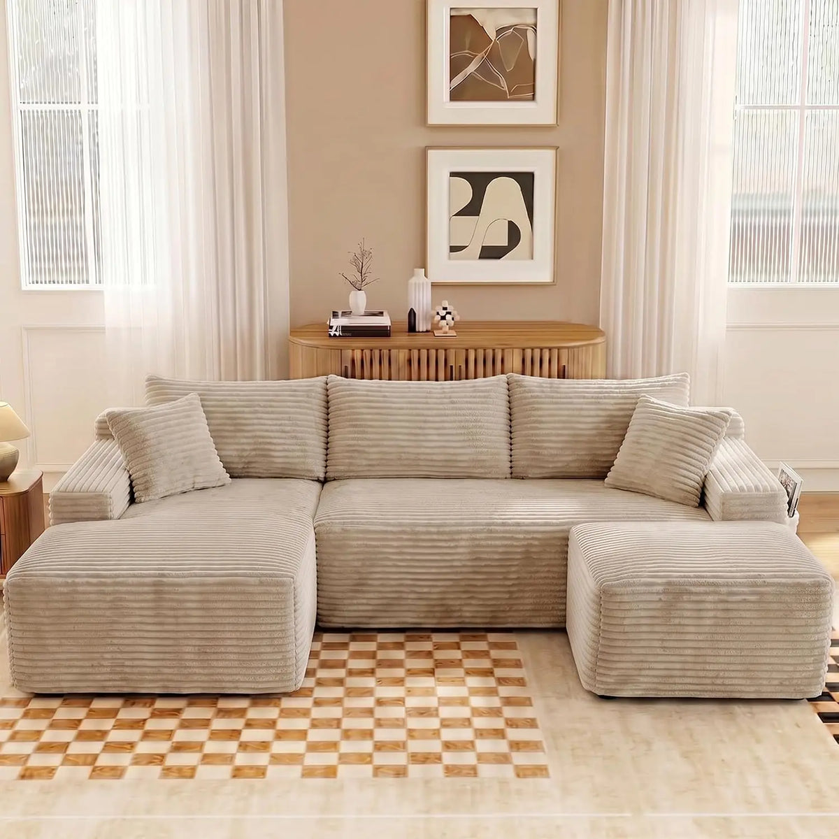 U-Shaped Modular Sectional Sofa With Deep Seat Ottoman Corduroy Fabric
