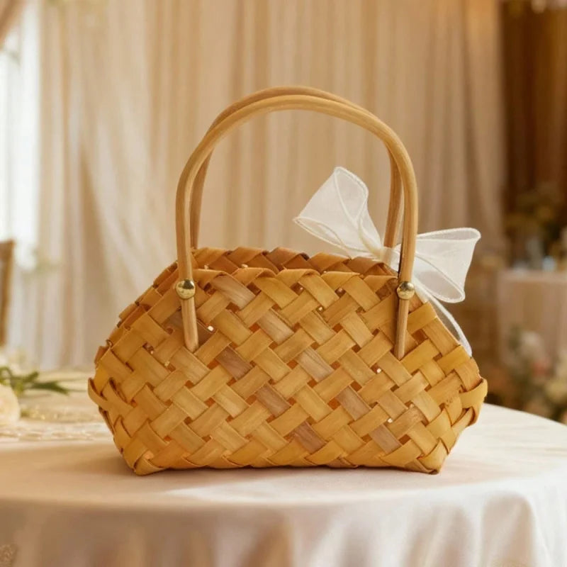 Bamboo Woven Basket With Bow Handles For Dried Floral Arrangements