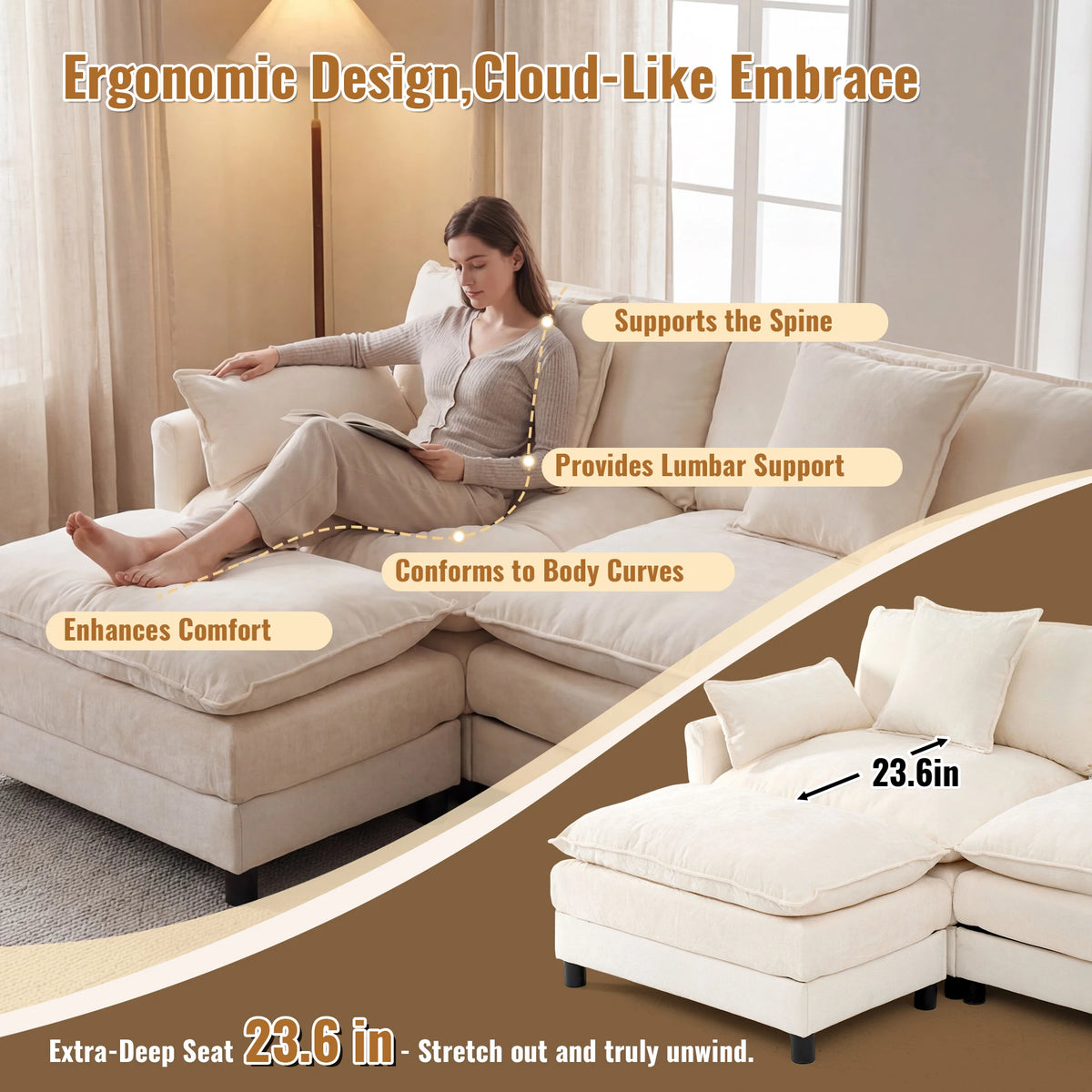 Redlife 107" Modular Sectional Sofa Set with Ottoman, L-Shaped Convertible Couch, 3-Seats Chenille Deep Seat Sofa with Pillows for Living Room, Bedroom and Apartment