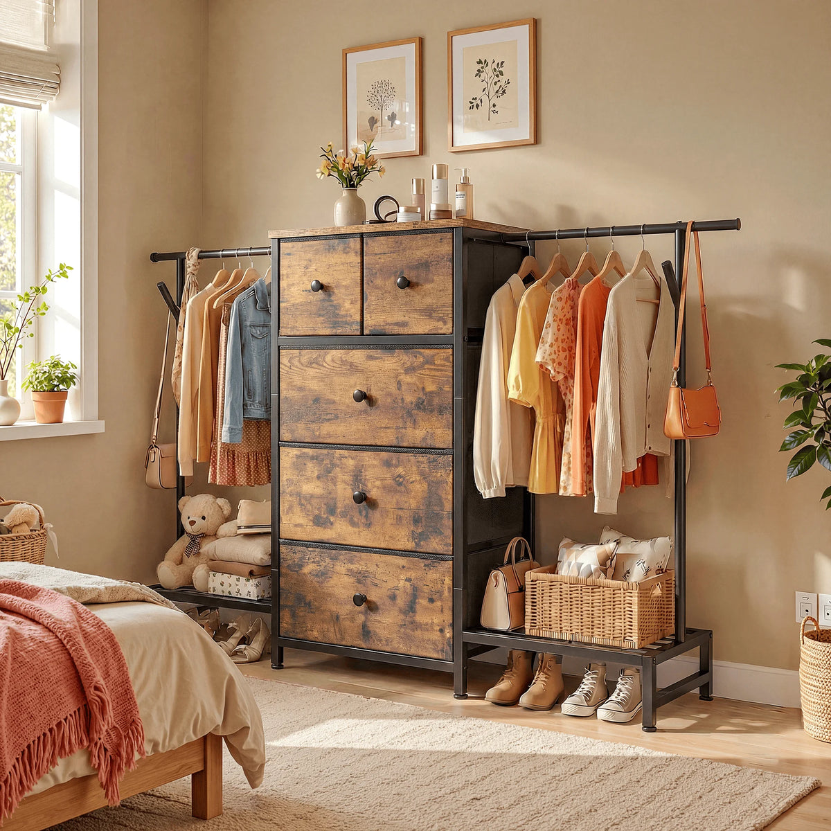 EnHomee 3-In-1 Dresser And Hanging Rack With Five Drawers
