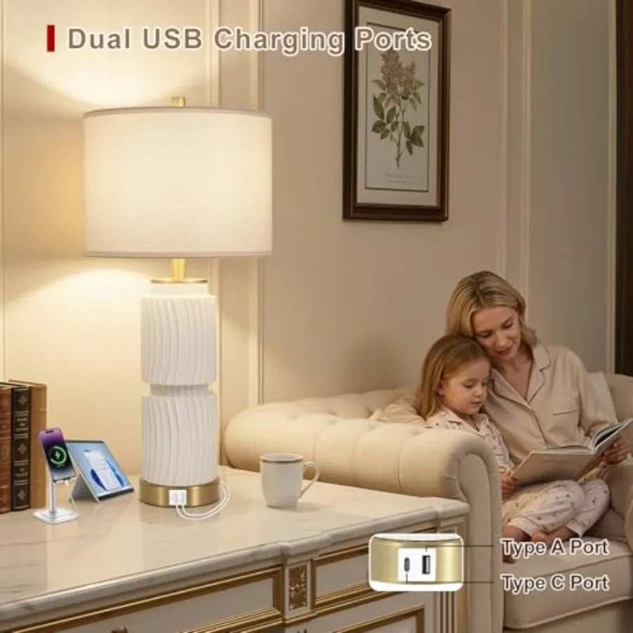 Boho Faux Stone Lamps Set with Dual USB Charging Ports