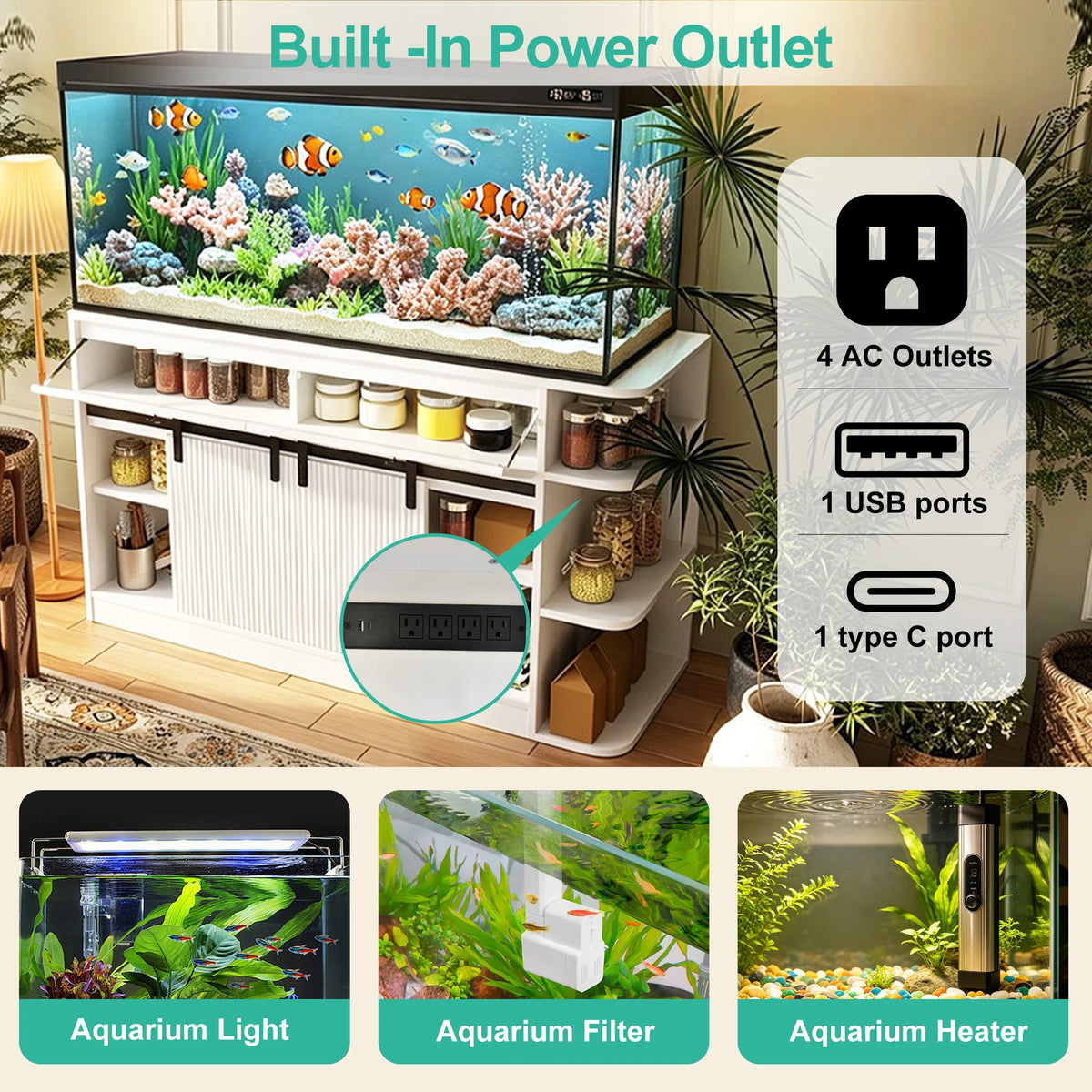 75 Gallon Aquarium Stand with LED Light & Power Outlets, 55-75 Gal Fish Tank Cabinet with Sliding Fluted Doors, 1200 LBS Capacity