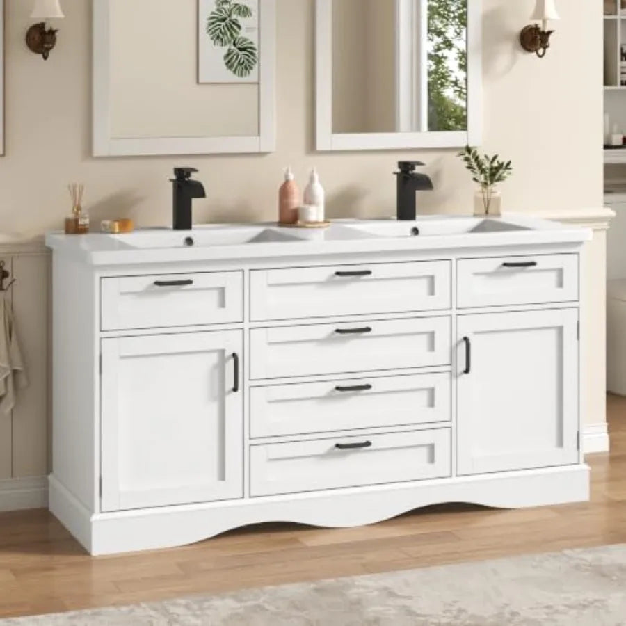 Bathroom vanity cabinet with double sink for modern bathrooms, MDF wood in white finish, featuring 2 storage doors and 3 flip-t