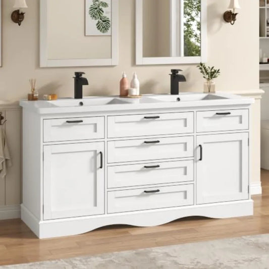 Bathroom vanity cabinet with double sink for modern bathrooms, MDF wood in white finish, featuring 2 storage doors and 3 flip-t