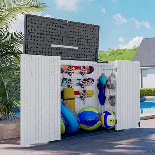 Horizontal Storage Sheds, Outdoor Storage Box 160 Gallon, Waterproof Lockable Resin Shed, Patio Storage for Garden, Pool, Cushi