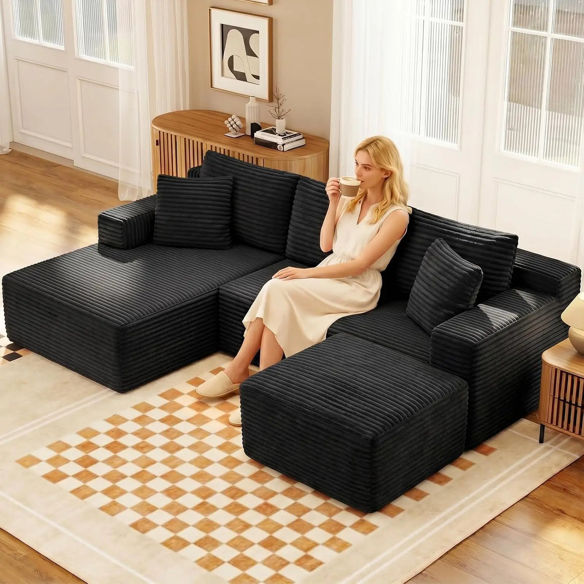 U-Shaped Modular Sectional Sofa With Deep Seat Ottoman Corduroy Fabric