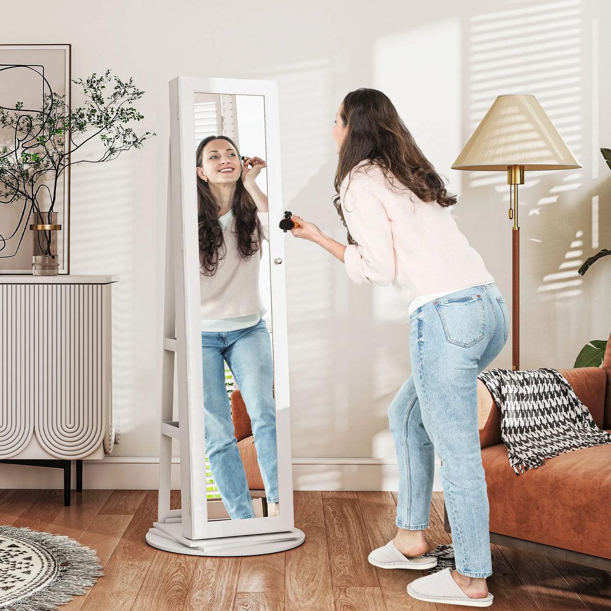 HOMCOM Swivel Jewelry Armoire With Lockable Storage And Mirror