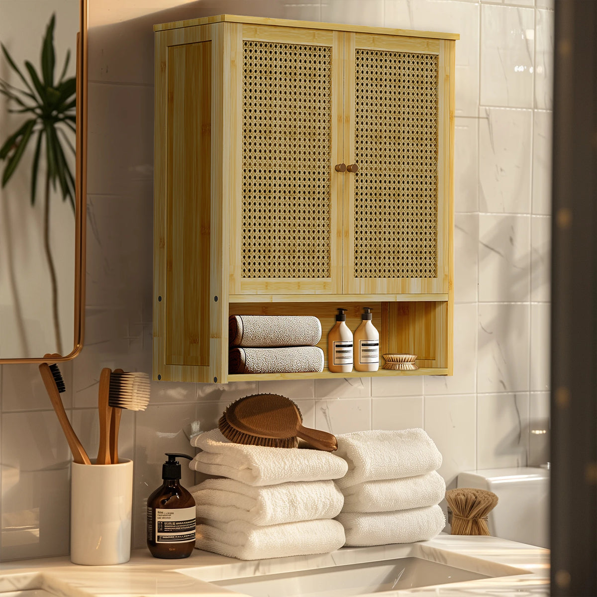 Wisfor Bamboo Wall Mounted Storage Cabinet With Rattan Doors