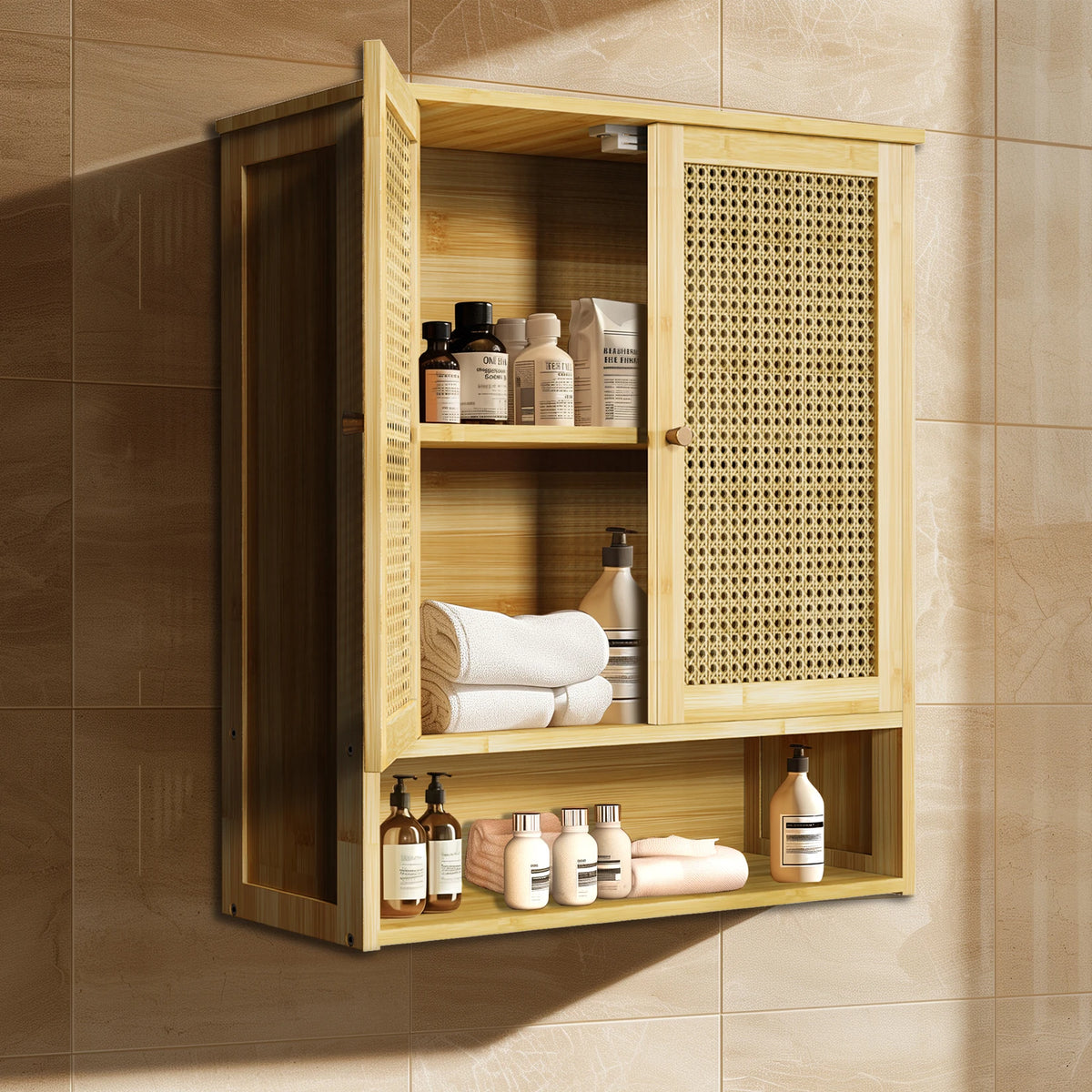 Wisfor Bamboo Wall Mounted Storage Cabinet With Rattan Doors
