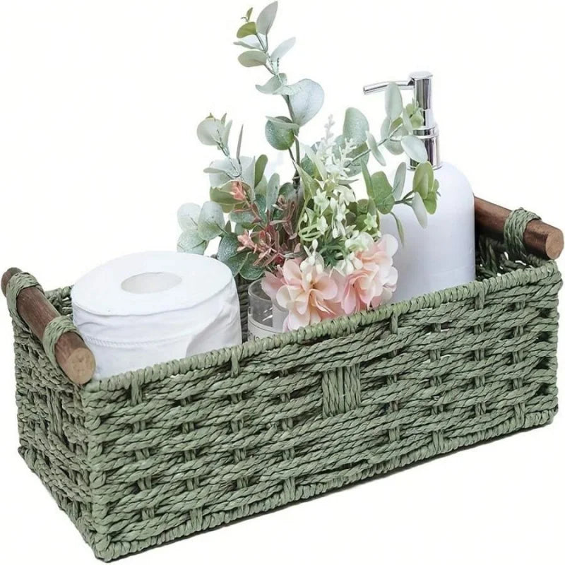 Handcrafted Bamboo Storage Basket With Integrated Toilet Paper Shelf