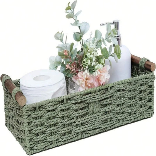 Handcrafted Bamboo Storage Basket With Integrated Toilet Paper Shelf