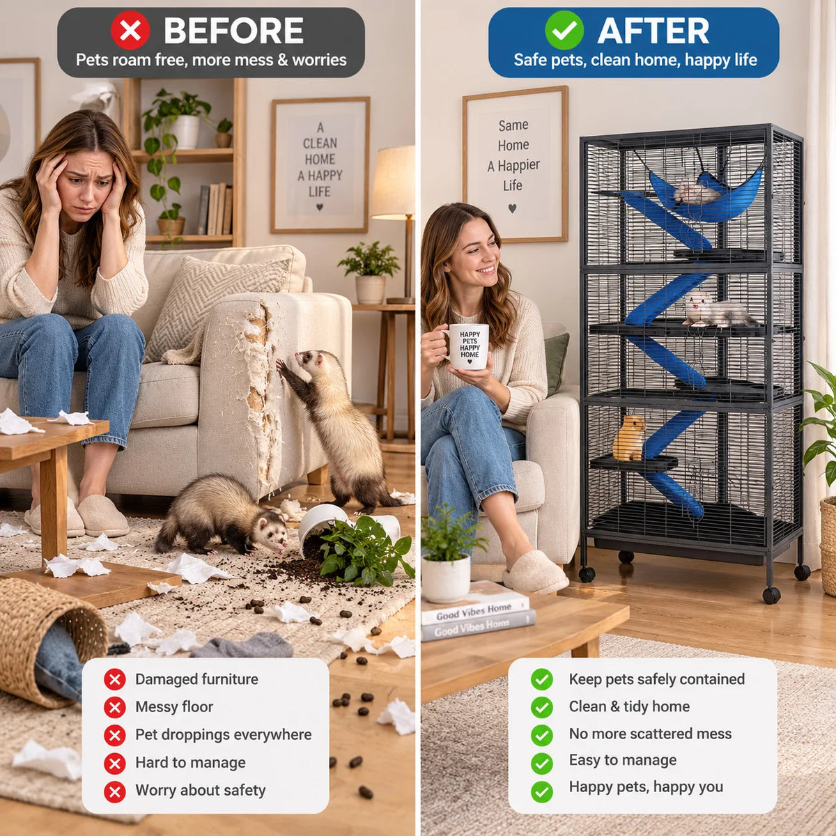 Multi Level Small Animal Cage With Hammock Ramps And Wheels