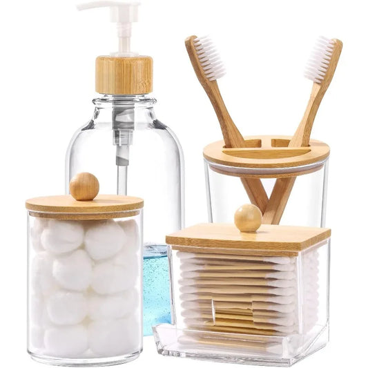 Bamboo Bathroom Set With Soap Dispenser Toothbrush Holder Storage Jars