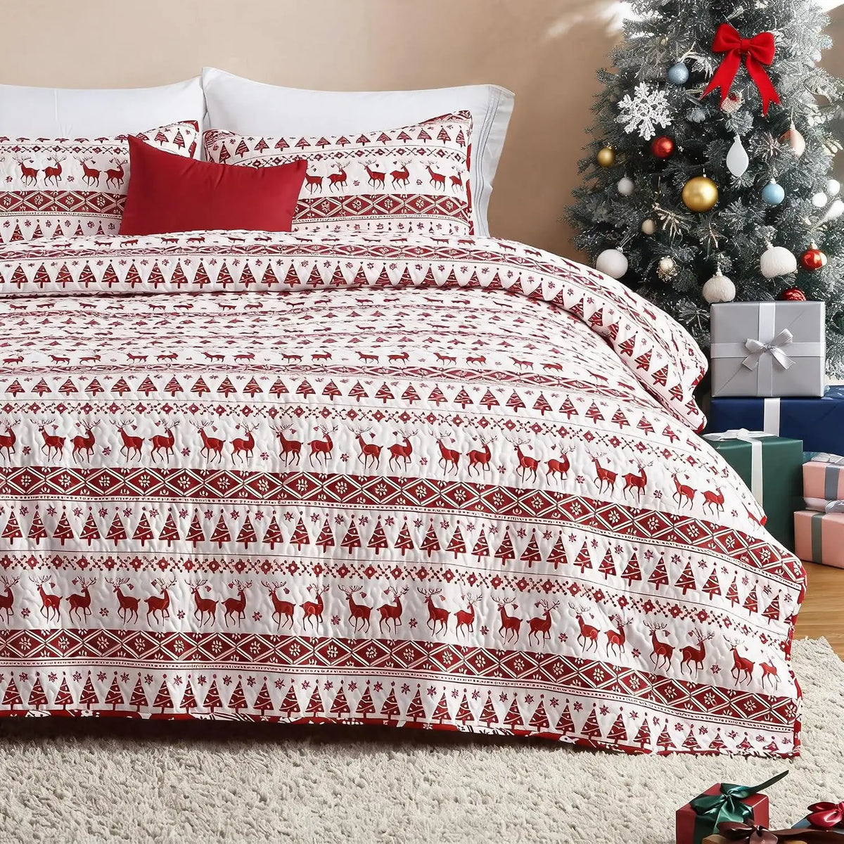 Christmas Snowflake Fleece Quilt Set Soft Warm Winter Bed Cover