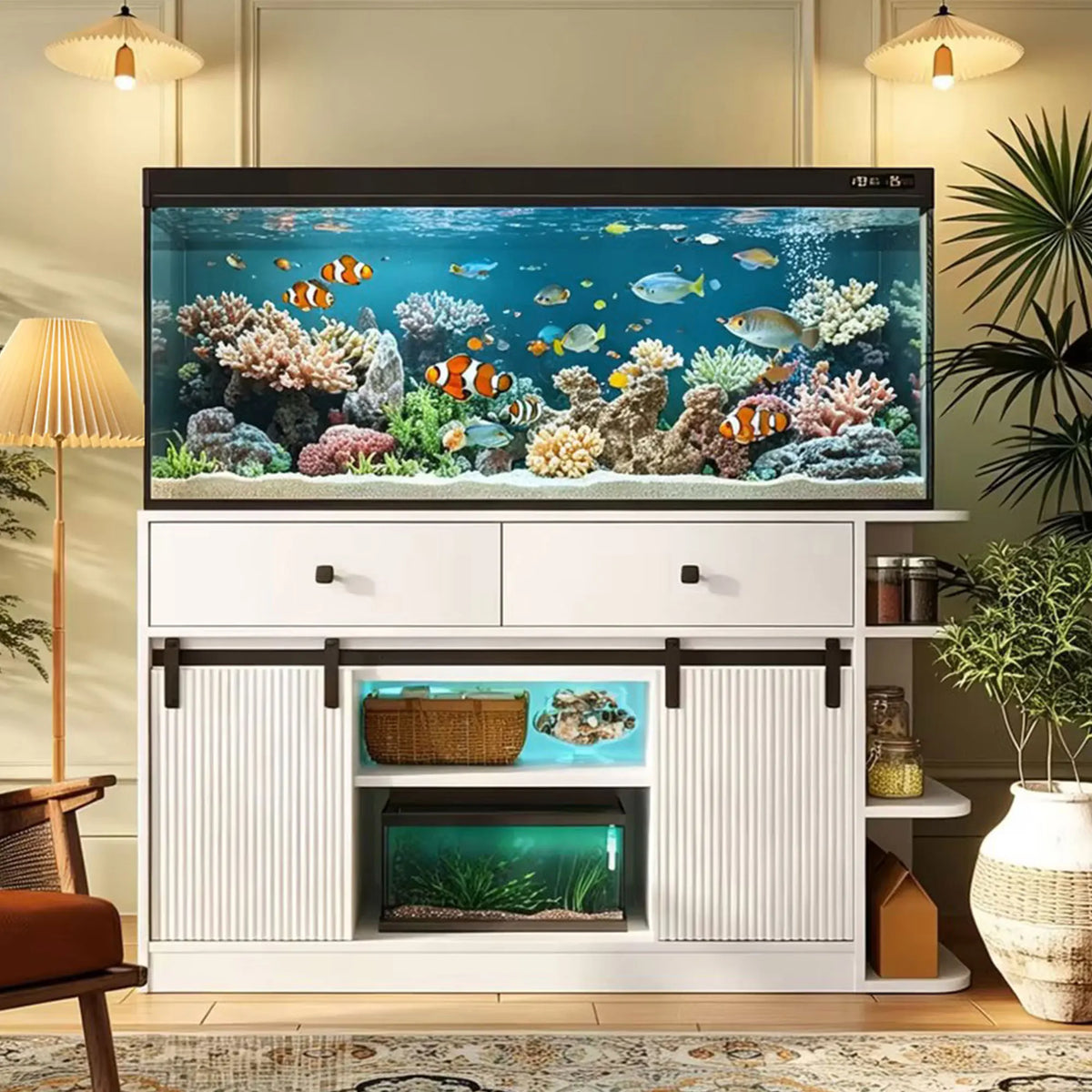 75 Gallon Aquarium Stand with LED Light & Power Outlets, 55-75 Gal Fish Tank Cabinet with Sliding Fluted Doors, 1200 LBS Capacity