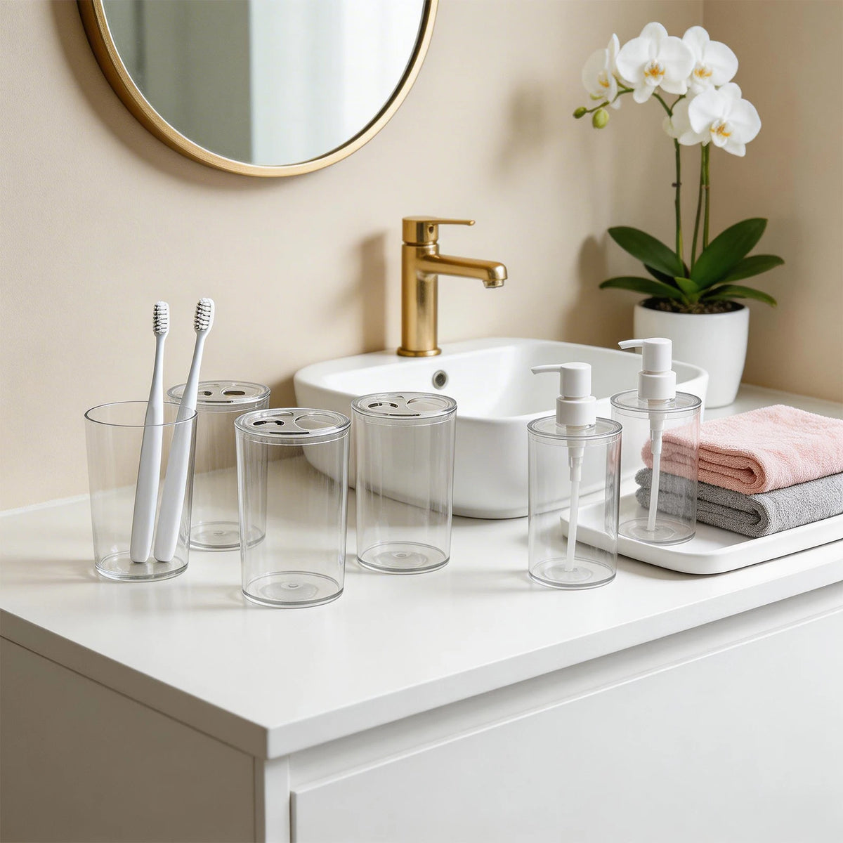 Bathroom Accessory Set With Toothbrush Holders And Soap Dispensers
