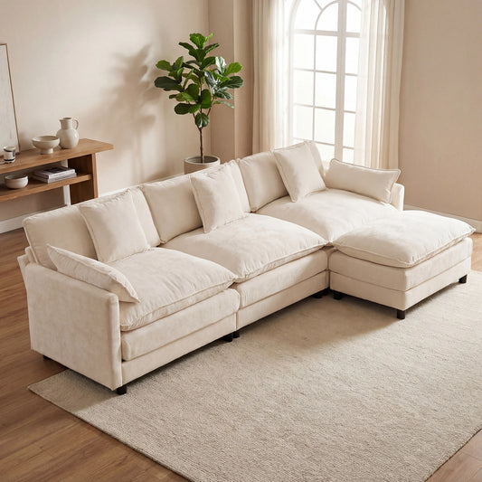Redlife 107" Modular Sectional Sofa Set with Ottoman, L-Shaped Convertible Couch, 3-Seats Chenille Deep Seat Sofa with Pillows for Living Room, Bedroom and Apartment