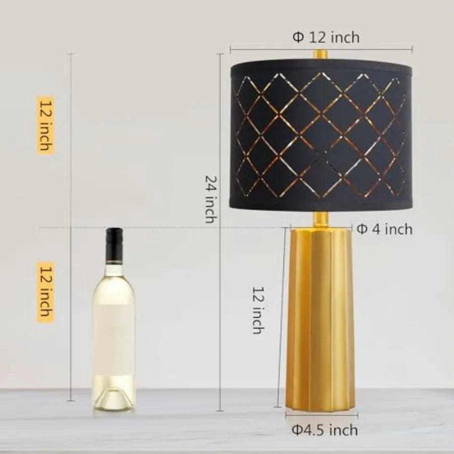 24" Modern Table Lamp for Living Room Bedroom, Nightstand Resin Lamp with Black Grid Shade