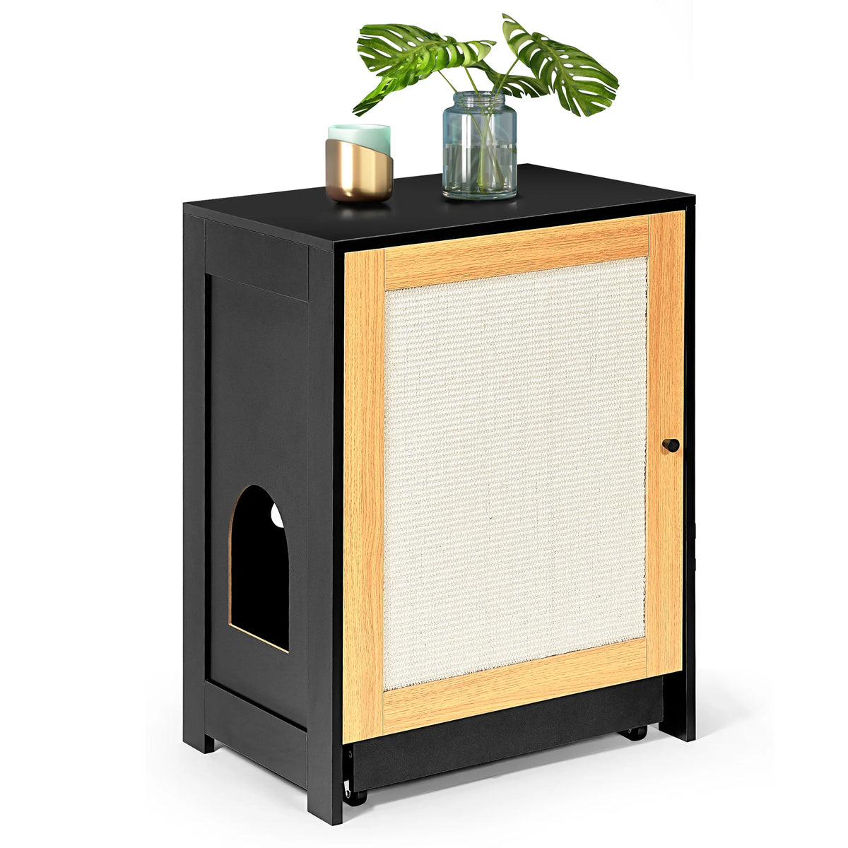 Hidden Cat Litter Box Enclosure Cabinet With Sisal Scratching Door