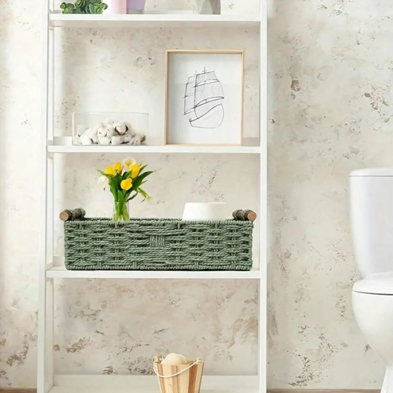 Handcrafted Bamboo Storage Basket With Integrated Toilet Paper Shelf