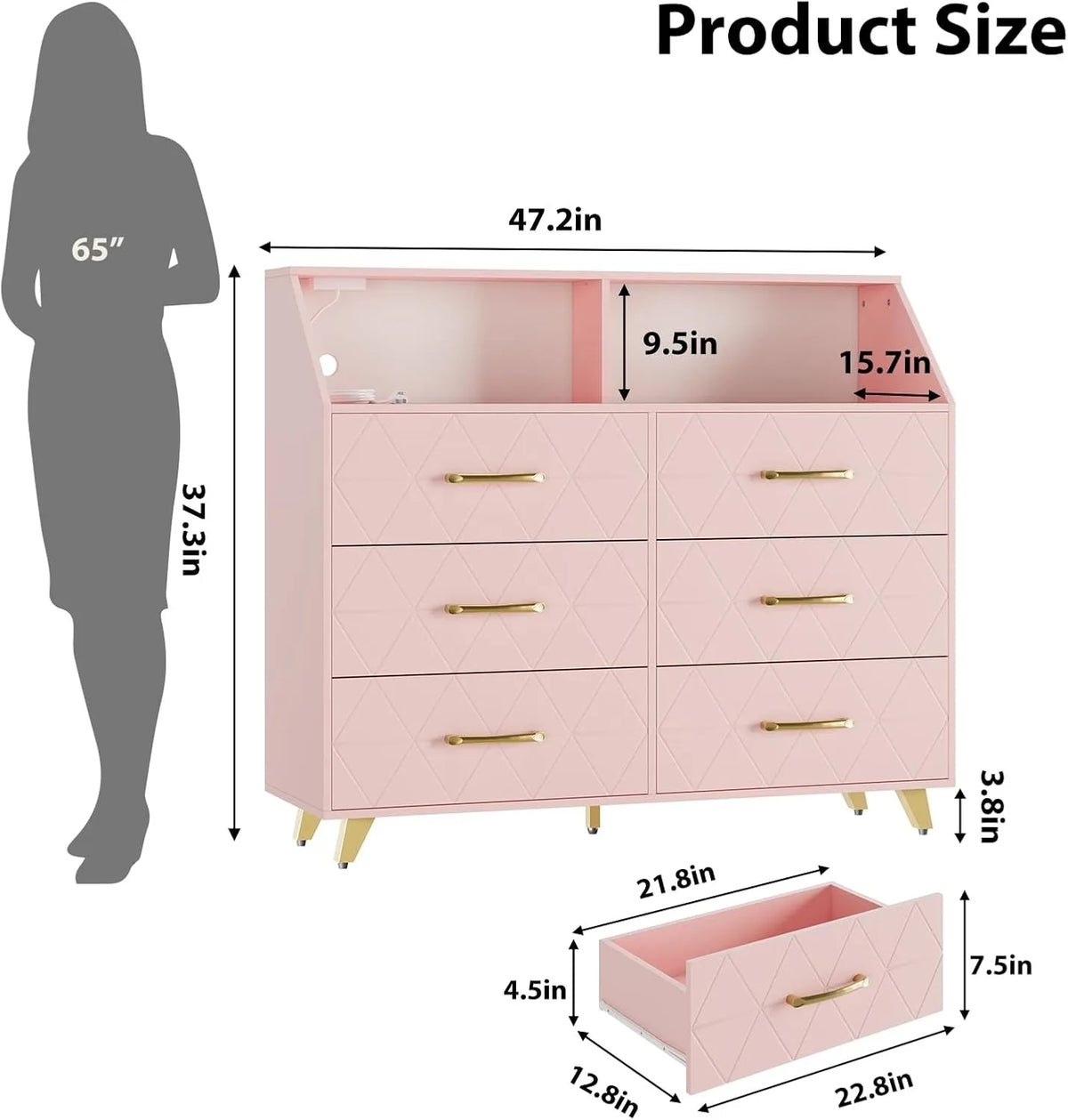Six Drawer Wooden Dresser With Integrated Led Charging Station