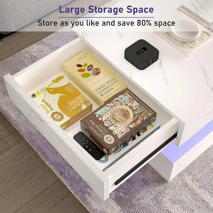 Modern Gloss LED Center Table With Two Tier Storage Drawers