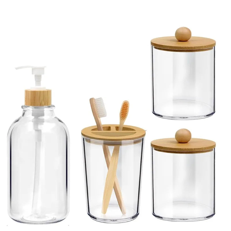 Bamboo Bathroom Set With Soap Dispenser Toothbrush Holder Storage Jars