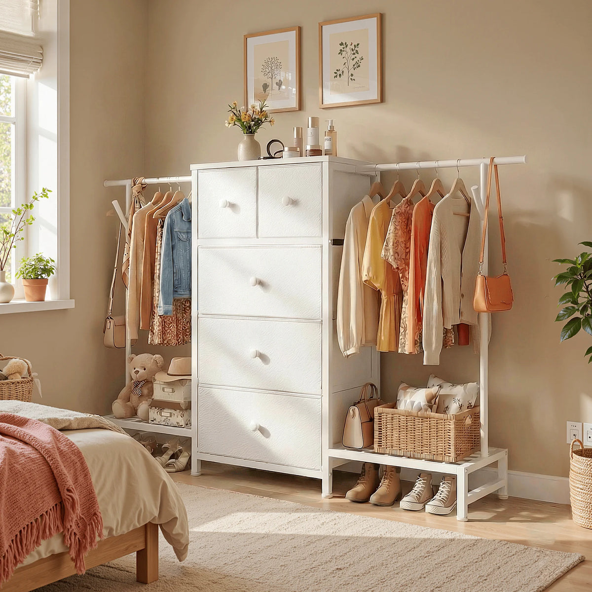 EnHomee 3-In-1 Dresser And Hanging Rack With Five Drawers