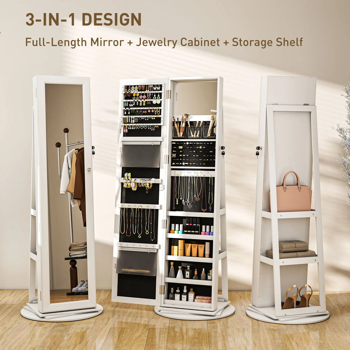 HOMCOM Swivel Jewelry Armoire With Lockable Storage And Mirror