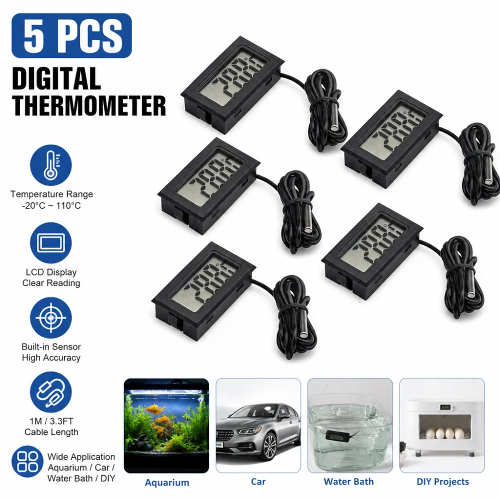 5PCS FY-10 Mini LCD Digital Thermometer, Built-in Temperature Tester, Aquarium/Car/Water Bath Temperature Sensor, Temperature Monitor, Built-in Temperature Sensor, 1M Cable Length
